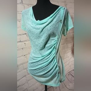 SSlv Ruffled Neck Button Fashion Knit RuffledBlouse Teal